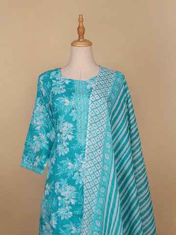 Sky Blue Floral Designed Cotton Salwar Suit - Diadem