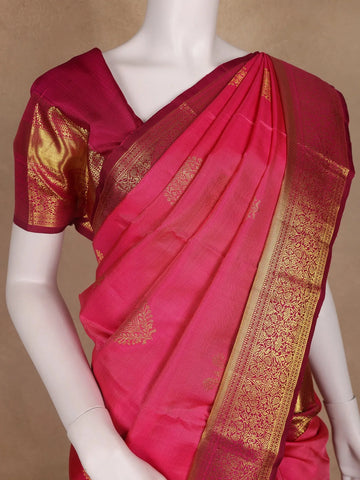 Bright Pink Floral Zari Woven Kanchipuram Silk Saree - Diadem