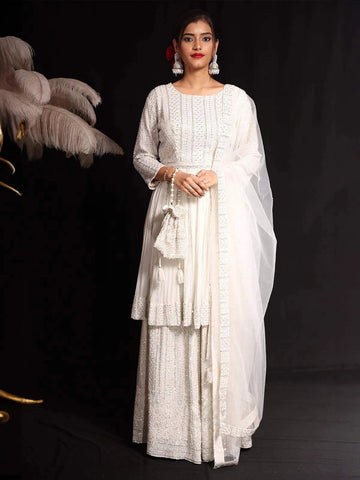 White Sequins Embroidered Georgette Palazzo Salwar Suit - Diadem