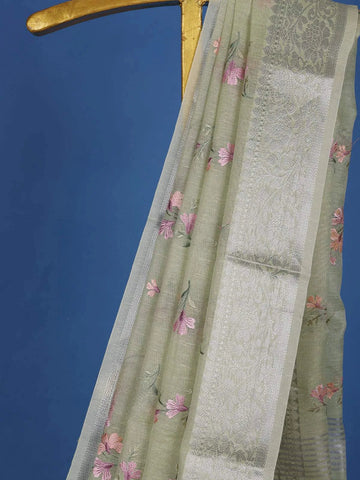 Pista Green Floral Printed Tissue Organza Saree - Diadem