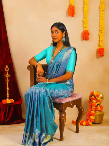 Blue Monotone Pure Kanchipuram Silk Saree - Diadem
