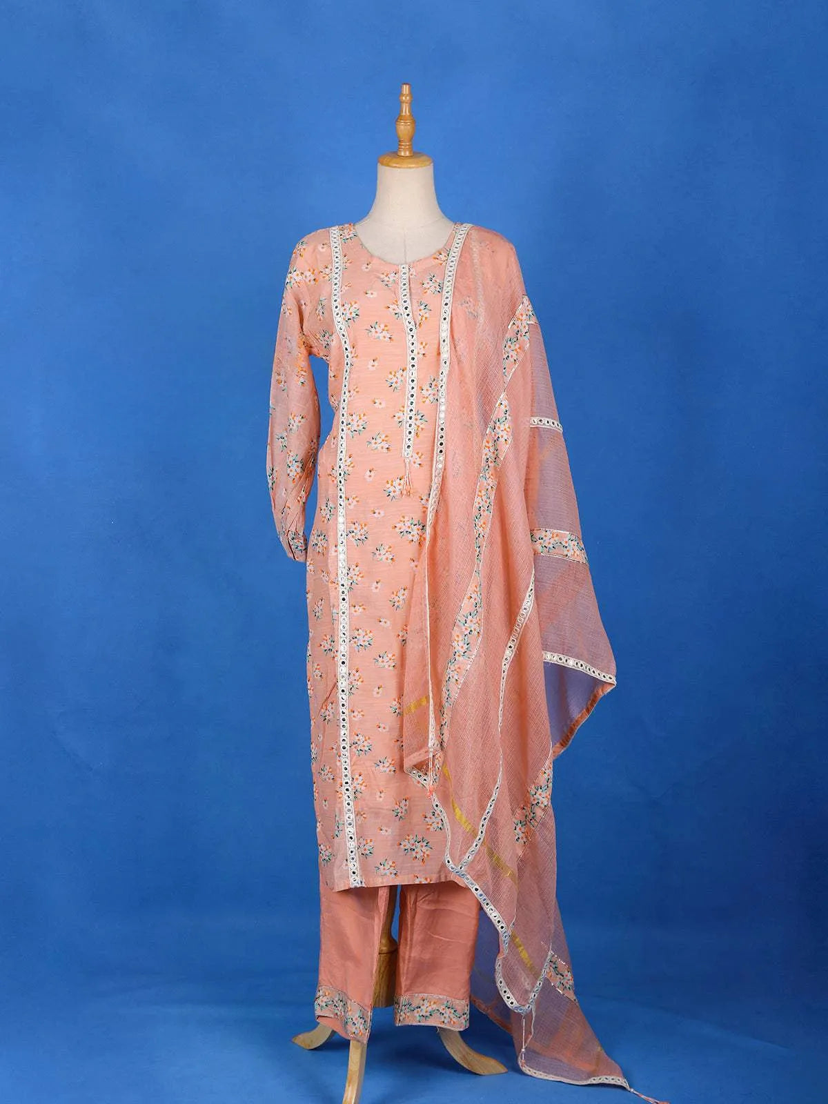 Peach Cotton Straight Cut Salwar Suit for Girls Adorned with Floral Prints and Mirror Work, With Dupatta - Diadem