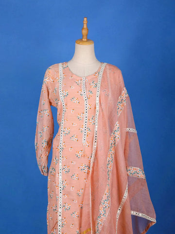Peach Cotton Straight Cut Salwar Suit for Girls Adorned with Floral Prints and Mirror Work, With Dupatta - Diadem
