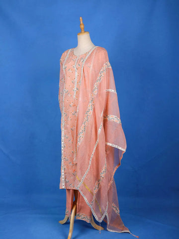 Peach Cotton Straight Cut Salwar Suit for Girls Adorned with Floral Prints and Mirror Work, With Dupatta - Diadem