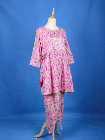 Pink Cotton Salwar Suit Adorned With Floral Designs, with 3/4 Sleeve and Dhoti Pants - Diadem