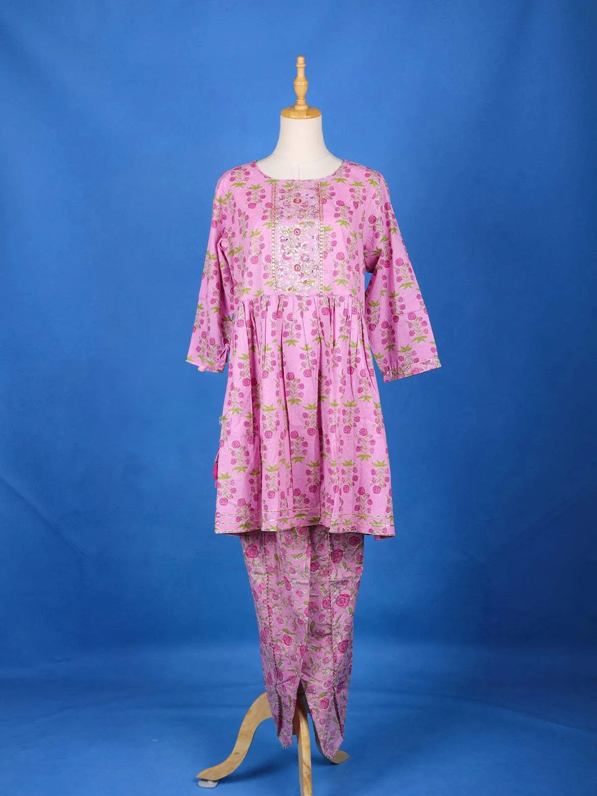 Pink Cotton Salwar Suit Adorned With Floral Designs, with 3/4 Sleeve and Dhoti Pants - Diadem