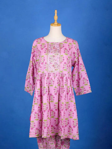 Pink Cotton Salwar Suit Adorned With Floral Designs, with 3/4 Sleeve and Dhoti Pants - Diadem