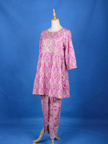 Pink Cotton Salwar Suit Adorned With Floral Designs, with 3/4 Sleeve and Dhoti Pants - Diadem
