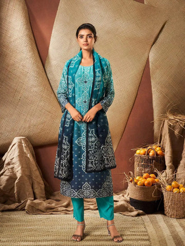 Blue Crepe Floral Printed Salwar Suit - Diadem