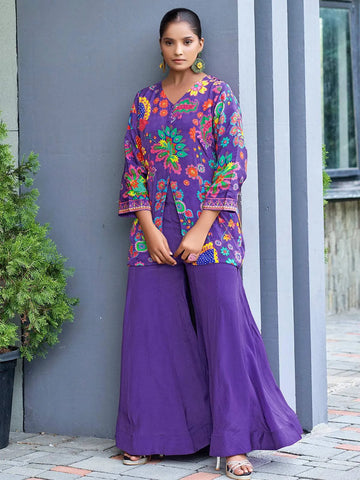 Purple Floral Embroidered Crepe Palazzo Salwar Suit - Diadem