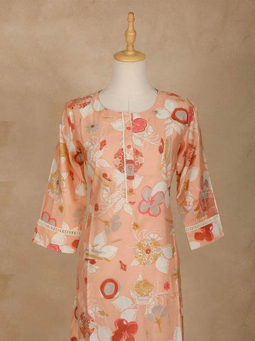 Peach Floral Printed Cotton Kurti - Diadem