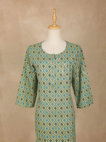 Green Checks Printed Cotton Kurti - Diadem