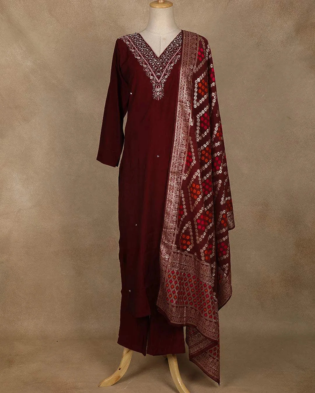 Dark Red Floral Designed Straight Cut Salwar Suit Online - Diadem