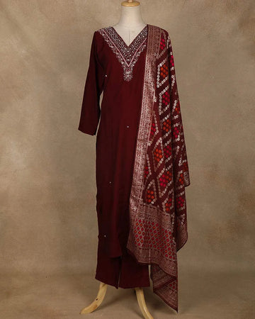 Dark Red Floral Designed Straight Cut Salwar Suit Online - Diadem