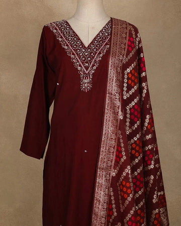 Dark Red Floral Designed Straight Cut Salwar Suit Online - Diadem