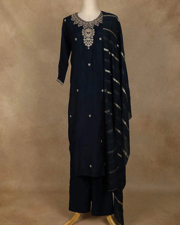 Royal Blue Floral Printed chiffon Straight Cut Salwar Suit for Women - Diadem