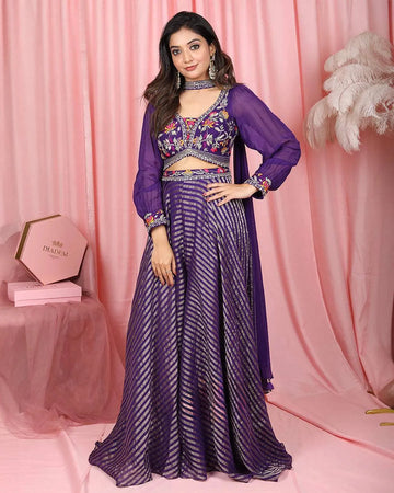 Purple Floral Embroidered Georgette Palazzo Salwar Suit Online - Diadem