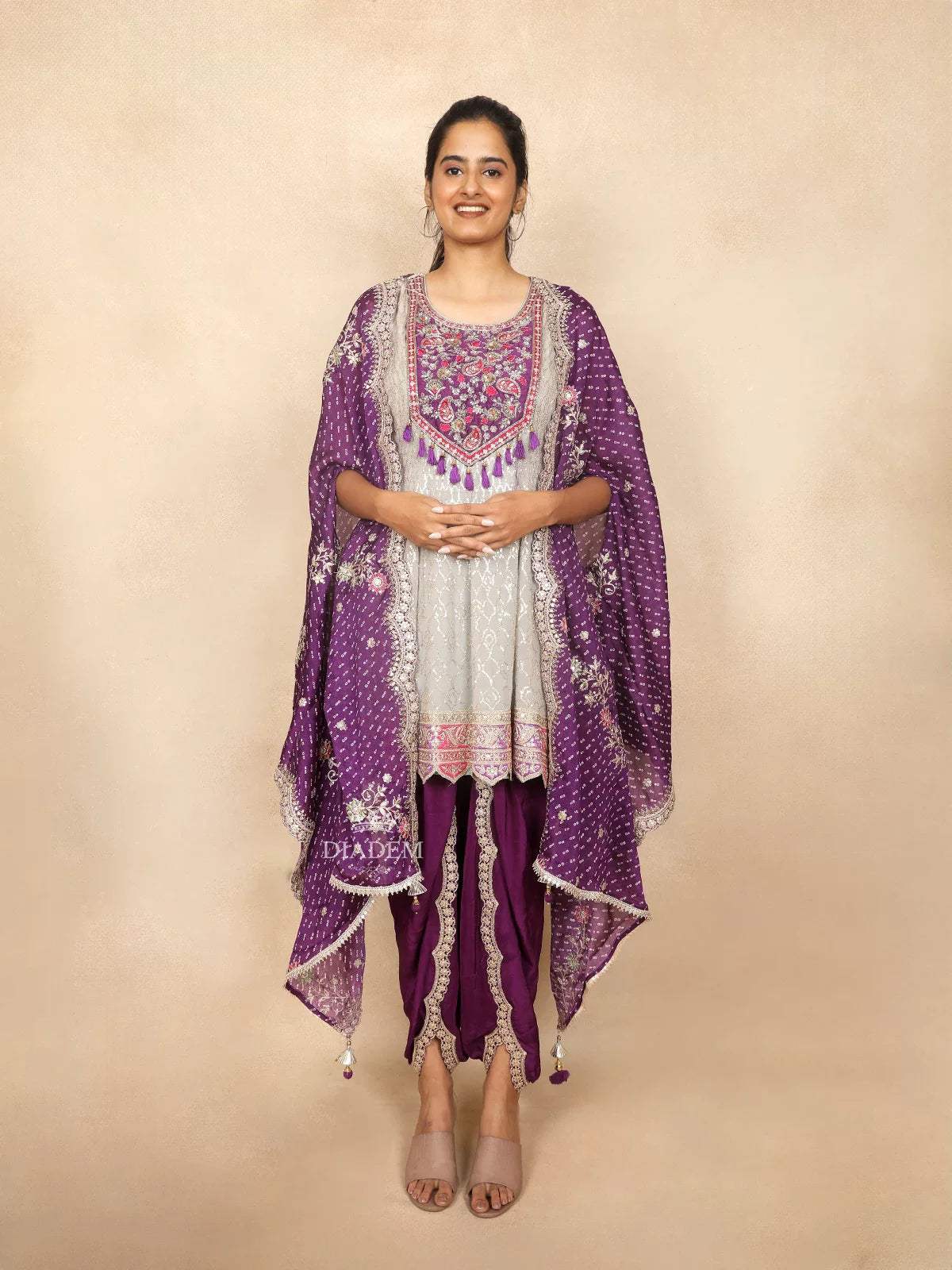 Purple Salwar Dhoti Suit Adorned with Sequins and Flower Design Paired with Dupatta - Diadem