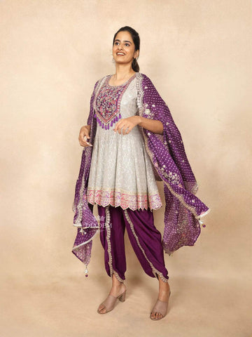 Purple Salwar Dhoti Suit Adorned with Sequins and Flower Design Paired with Dupatta - Diadem