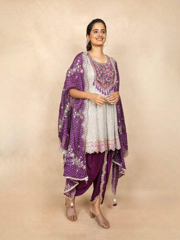 Purple Salwar Dhoti Suit Adorned with Sequins and Flower Design Paired with Dupatta - Diadem