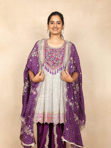 Purple Salwar Dhoti Suit Adorned with Sequins and Flower Design Paired with Dupatta - Diadem
