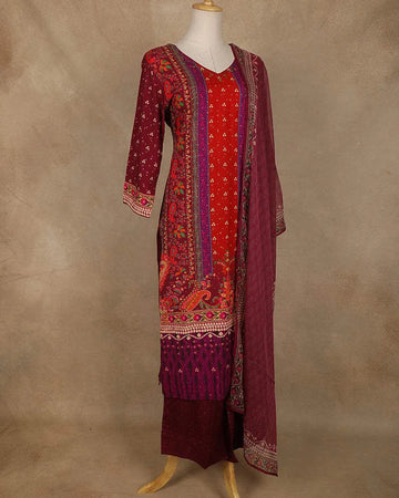 Red and Orange Floral Printed Straight Cut Salwar Suit for Girls - Diadem