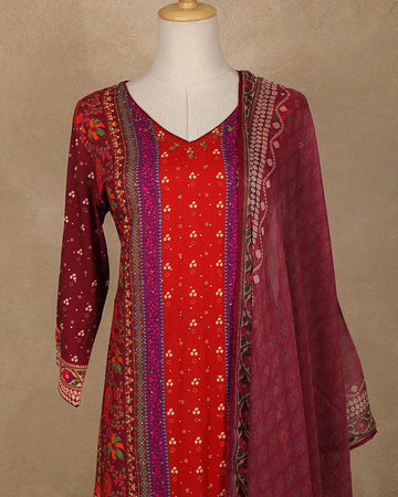 Red and Orange Floral Printed Straight Cut Salwar Suit for Girls - Diadem