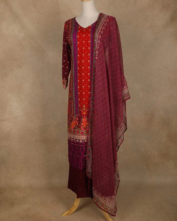 Red and Orange Floral Printed Straight Cut Salwar Suit for Girls - Diadem