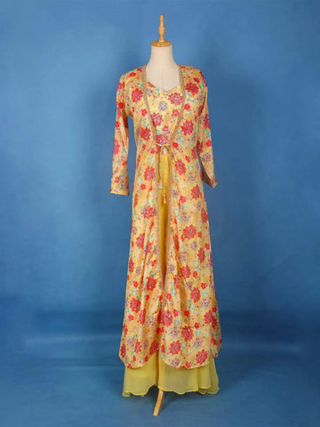 Yellow Floral Printed Palazzo Salwar Suit and Jacket - Diadem