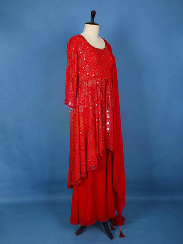 Red Floral Embroidered Georgette Palazzo Salwar Suit for Women - Diadem