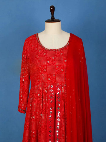 Red Floral Embroidered Georgette Palazzo Salwar Suit for Women - Diadem