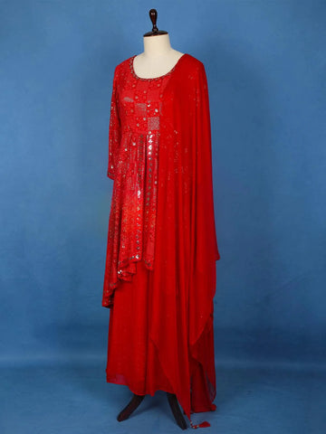 Red Floral Embroidered Georgette Palazzo Salwar Suit for Women - Diadem