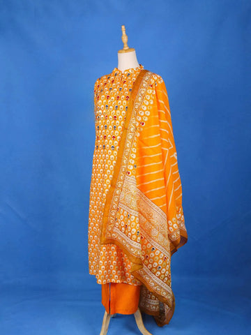 Orange Straight Cut Salwar Suit for Girls Adorned with Floral Prints, With Dupatta and Closed Collar - Diadem