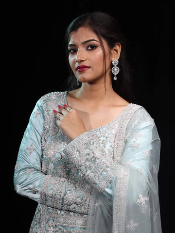 Teal Blue Floral Embroidered Net Sharara Salwar Suit - Diadem
