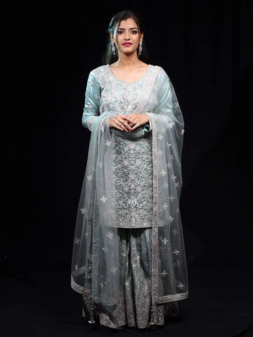 Teal Blue Floral Embroidered Net Sharara Salwar Suit - Diadem
