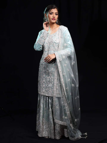 Teal Blue Floral Embroidered Net Sharara Salwar Suit - Diadem