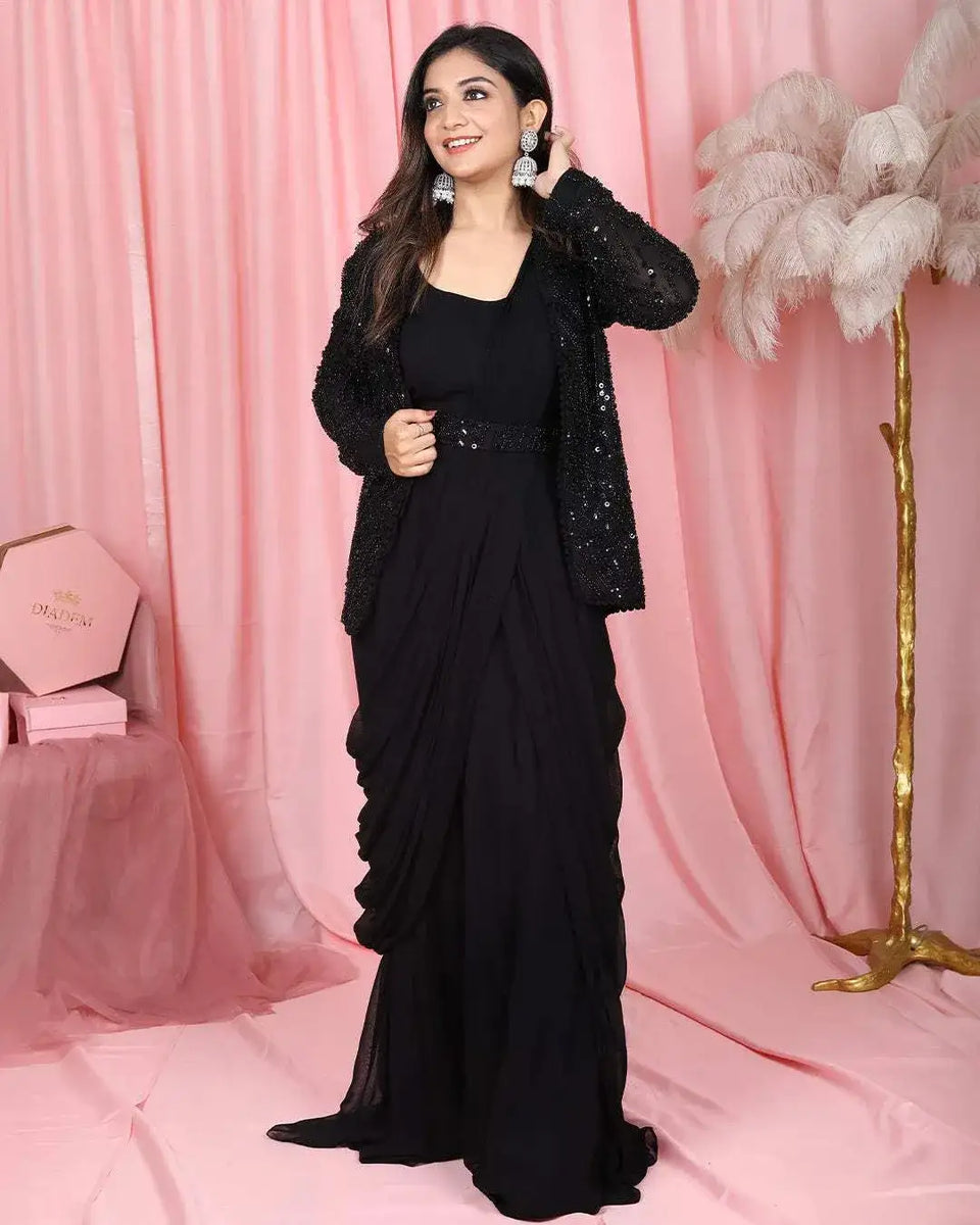 Black Indowestern Embroidered Gown Diadem