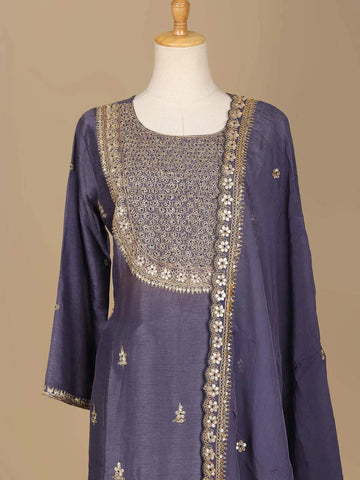 Purple Raw Silk Straight Cut Salwar Suit for Girls Adorned with Floral Embroidery Designs, Paired with Dupatta and 3/4 sleeves - Diadem