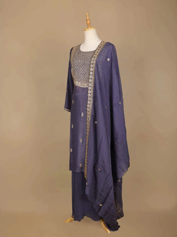 Purple Raw Silk Straight Cut Salwar Suit for Girls Adorned with Floral Embroidery Designs, Paired with Dupatta and 3/4 sleeves - Diadem