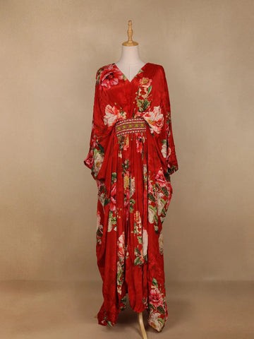 Red Floral Printed Kaftan style Crepe Gown - Diadem