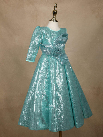 Aqua Blue 3D Floral Designed Net Party Wear Gown for Girls - Diadem
