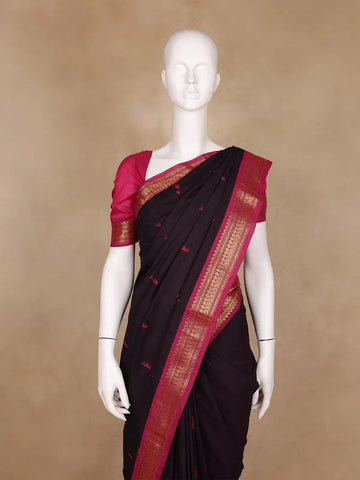 Black Floral Designed Cotton Saree - Diadem