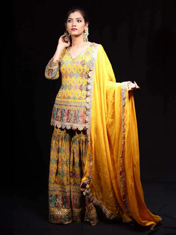 Yellow Floral Embroidered Georgette Sharara Salwar Suit - Diadem