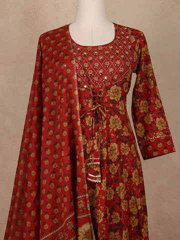 Brown Cotton Anarkali Salwar Suit - Diadem