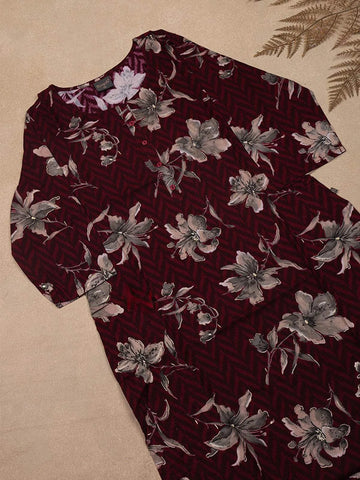 Burgundy Floral Printed Cotton Kurti - Diadem