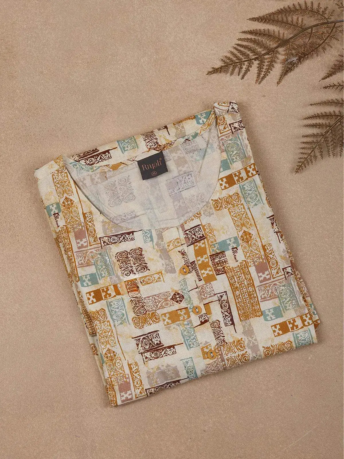 Beige Abstract Printed Cotton Rayon Kurti - Diadem