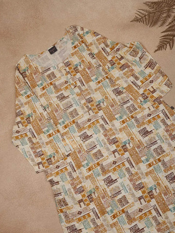 Beige Abstract Printed Cotton Rayon Kurti - Diadem