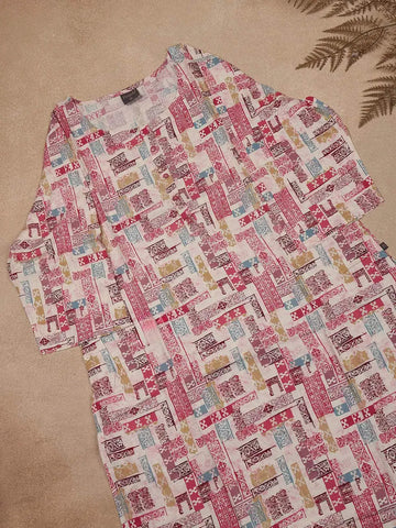 Beige Abstract Printed Cotton Rayon Kurti - Diadem