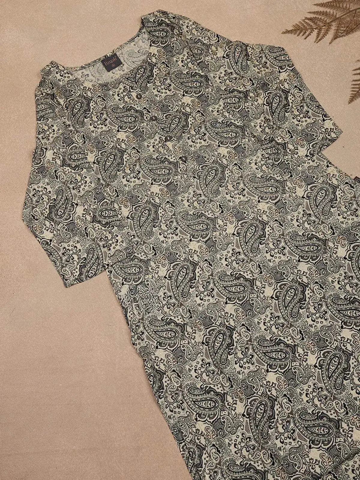 Beige Paisley Printed Cotton Rayon Kurti - Diadem