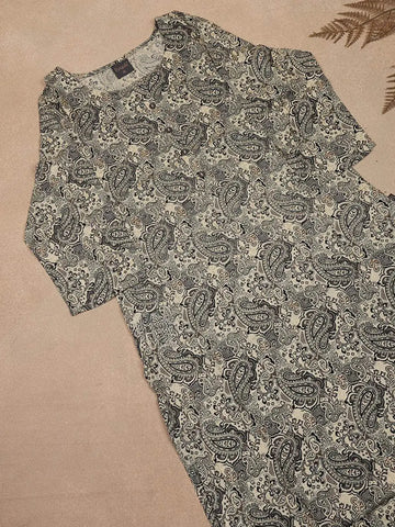 Beige Paisley Printed Cotton Rayon Kurti - Diadem